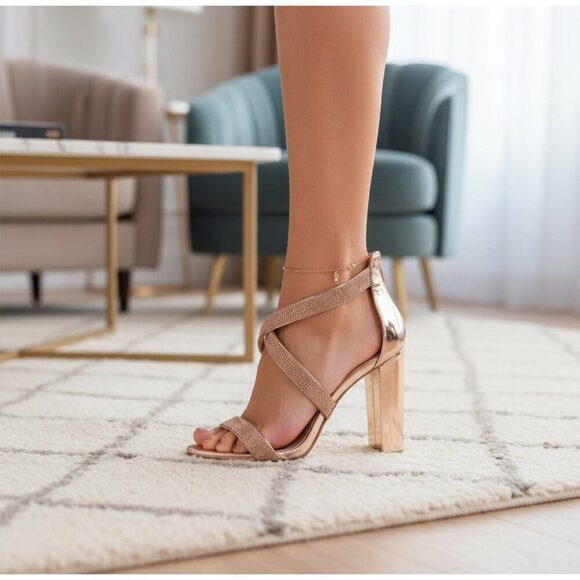 Delicious Shoes ✦ Glitzy Rhinestone Chrome Block Heels ✦ Rose Gold Almond Toe 8½ - Picture 5 of 17